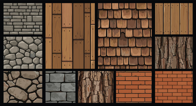 Pixel art textures collection displaying various building materials including gray stone walls, wood planks, brown roof shingles, and tree bark.