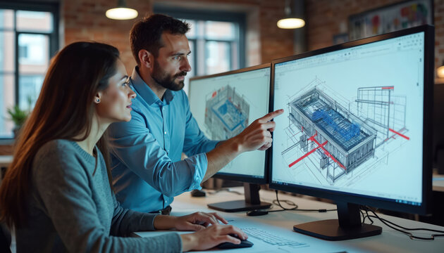 Man and woman review digital building model on computer screen. Architects collaborate on 3D project design. Team works on architectural plans. Planning future construction with tech.