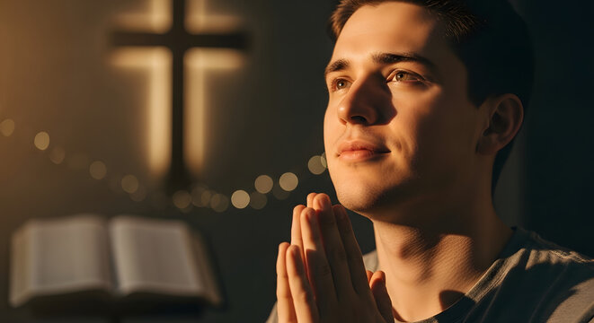 Jesus calming, eyes closed, expression of peaceful surrender and softer emotion after intense prayer in the Garden of Gethsemane.