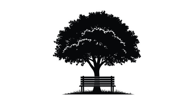 Silhouette of a tree and park bench against a white background
