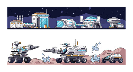 Obraz premium Detailed pixel art scenes featuring a futuristic space colony base on a lunar surface and several advanced space rovers exploring for minerals.