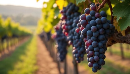 Naklejka premium Ripe dark grapes hang on vine in vineyard row. Lush green leaves and soft sun light on background. Rows of grapevines stretch into distance.