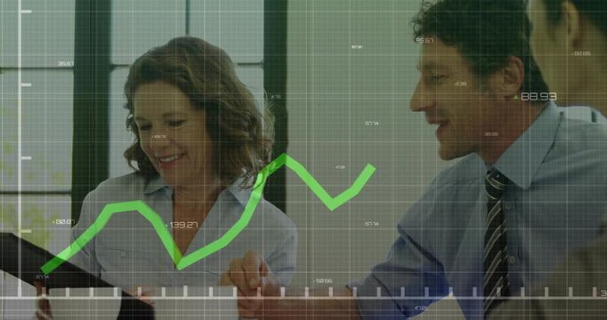 Woman reading file starting finance talk, man gesturing toward green graph overlaying table rising