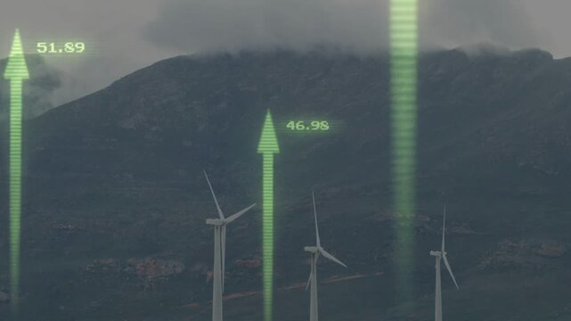 Wind turbines showing live data, causing green arrows rising and changing numbers to show power