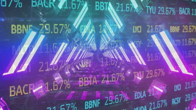 Neon tunnel moving forward on camera push, bars pulsing and tickers updating showing market data