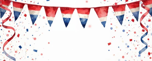 Obraz premium Watercolor bunting flags in red white blue colors with falling confetti and ribbons. Festive illustration celebrates Dutch national day or event. Great for holiday designs.
