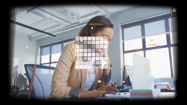 Woman gazing monitor leaning typing keys for business, faint grid over torso, orange HUD floating