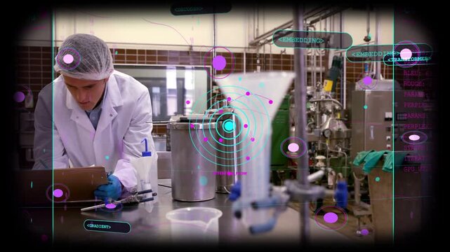 HUD shifting, technician stepping to lab bench, inspecting funnel, logging process on clipboard