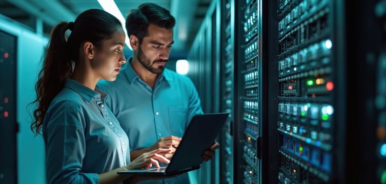 Two IT professionals analyze server hardware and network connections in a modern data center. They use a laptop and tablet to check system operations and equipment management in a high tech facility.