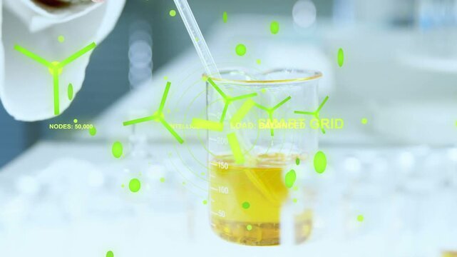 Gloved lab hand inserting pipette into amber beaker, activating green HUD nodes for SMART GRID demo