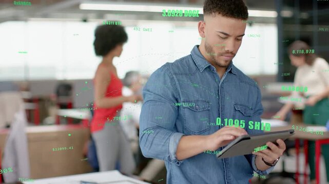 Man tapping tablet in open office, checking crypto data, overlays enlarging, revealing 0