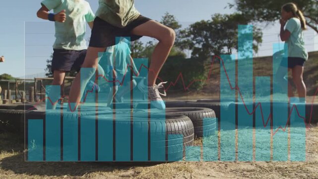 Vertical video: Kids following lead jumping tire row blue bar chart with red trend line tracking PE