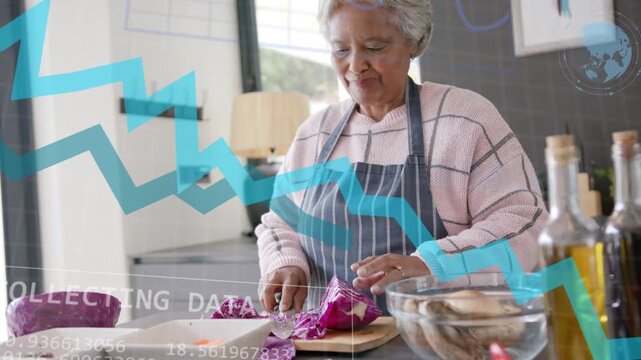 Senior woman placing halved cabbage, slicing while data overlays sliding, obscuring scene, cooking
