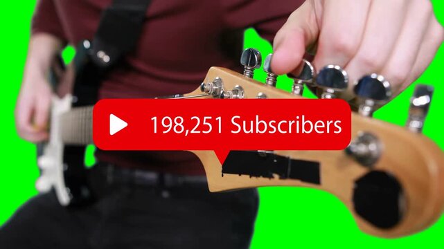 Musician tuning headstock on green, overlay appearing centered and updating with rising subs count