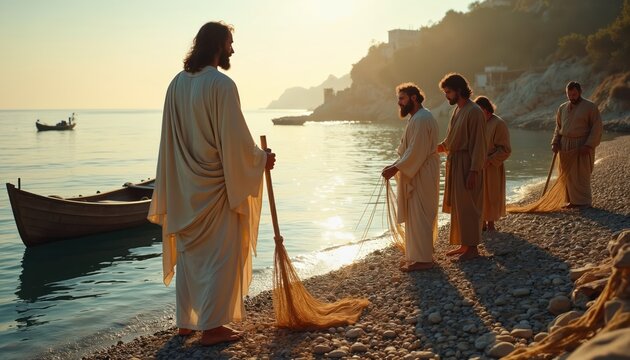Jesus calls disciples from fishing boats. Fishermen gather nets on pebbled shore near Galilee sea. Religious scene at sunrise shows spiritual calling.