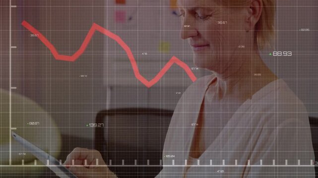 Office woman tapping tablet, reviewing finance data while overlaid red line chart shifting, smiling