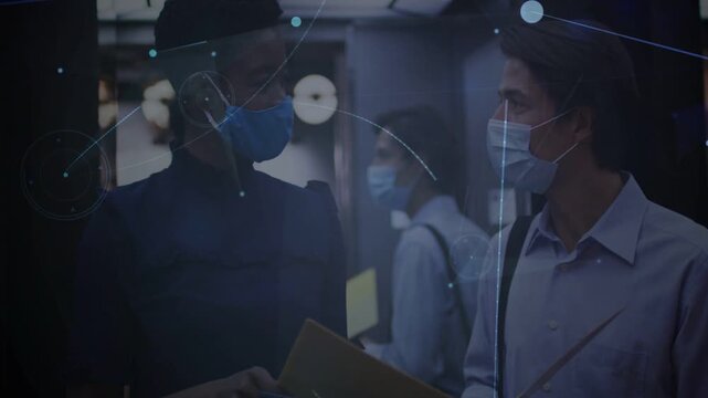 Left man holding folder, gesturing, right woman reaching, consulting document as HUD intensifying