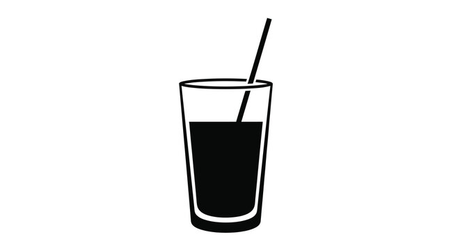 A simple black and white illustration of a glass filled with liquid and a straw