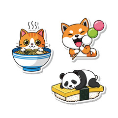 Obraz premium Cute cartoon animal food stickers with cat eating noodles panda on sushi and dog with candy