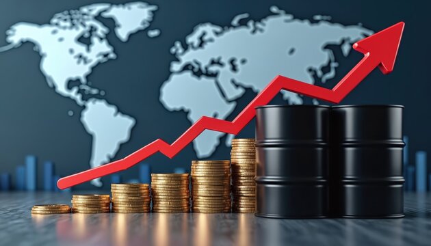 Global crude oil price rise shown with stacked coins oil barrels and rising red arrow graph. Economic energy market fluctuations on world map background.