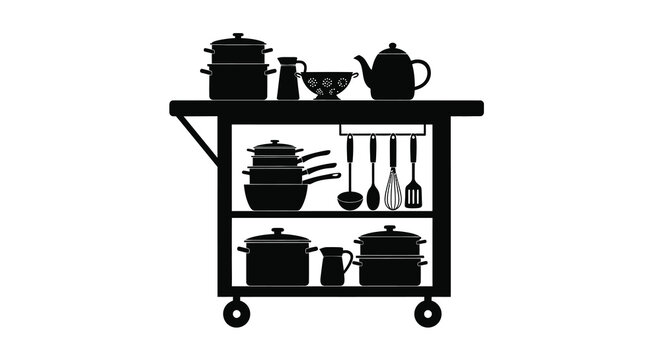 Black silhouette of kitchen cookware and utensils on a rolling cart