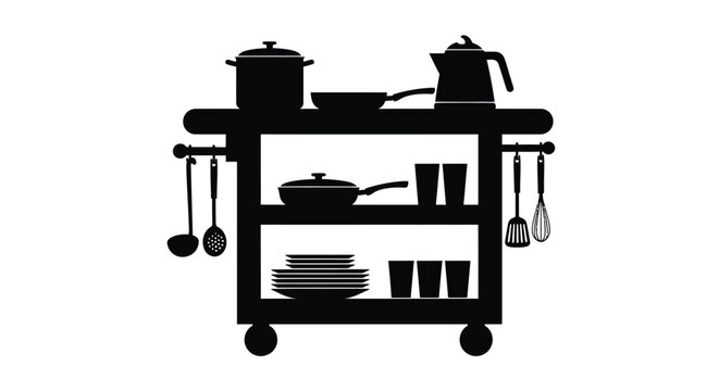 Black silhouette of a kitchen cart with pots pans and dinnerware