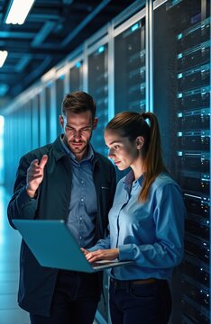 Two technicians collaborate on laptop in modern server room filled with racks of glowing hardware. Analyze data, discuss network performance, working together to ensure system stability, optimize