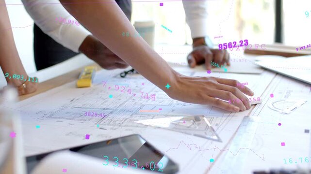 Vertical video: Team leaning marking design plans with pencil as PM tapping cell, AR notes aligning