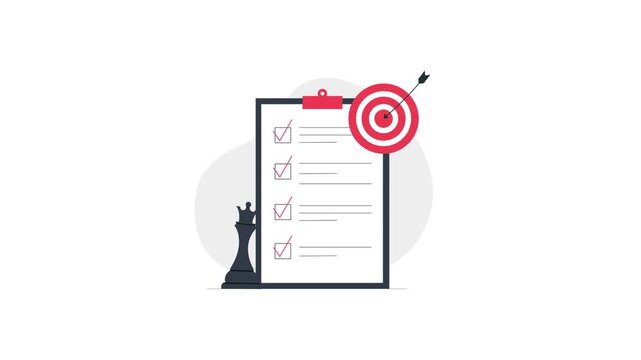 4k Checklist with Chess Piece and Target Arrow. Business Strategy Concept Animation Video