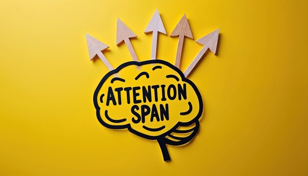Brain graphic with words Attention Span and wooden arrows pointing upwards representing focus and productivity. Concept for mental clarity and task management.
