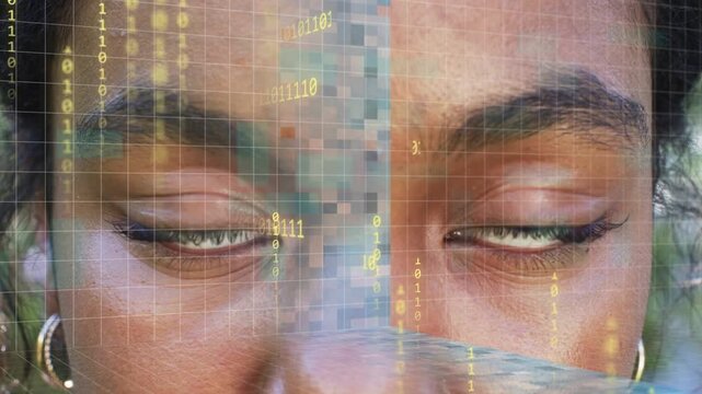 Centered woman opening eyes, pixel bar starting binary rain across face, faint grid, tech scanning