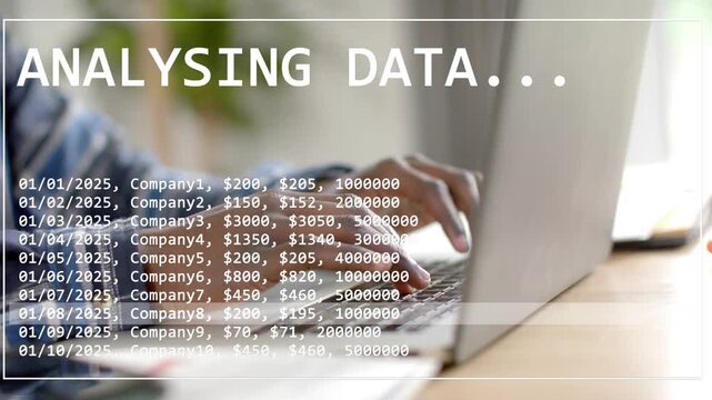 Man typing on laptop, activating ANALYSING DATA overlay and highlighting finance rows for analysis