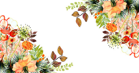 Cornice angolare con fiori arancio e ramoscelli di foglie verdi e marroni, illustrazione ad acquerello isolata.  Banner, etichetta, cosmetica, sfondo floreale autunno, primavera © sommaria