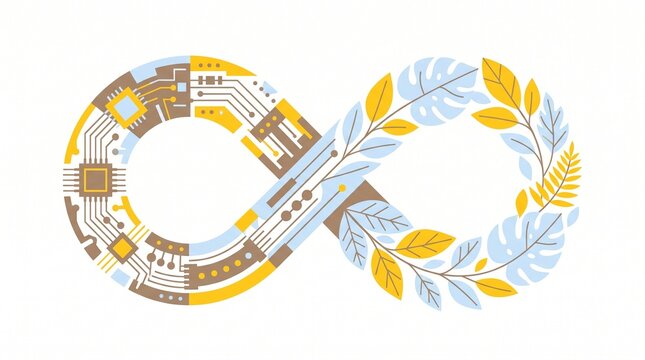 Abstract infinity symbol blending electronic circuit board and organic leaves representing sustainable technology and circular economy vector illustration