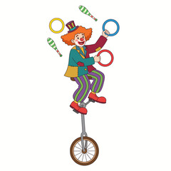 A cheerful clown balancing on a unicycle while juggling colorful rings, embodying a lively circus atmosphere and the spirit of joy and entertainment for all ages. © june
