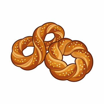 An appetizing image of two golden pretzels, showcasing a twisty shape and sesame seeds, symbolizing comfort food and the delightful experience of enjoying baked goods.