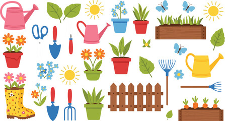 Garden elements vector illustration set with tools watering cans flowers pots and outdoor gardening accessories collection © Momota