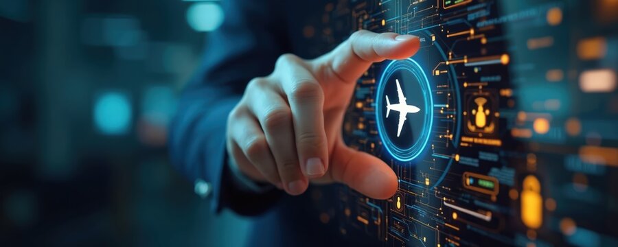 Person interacts with futuristic airplane control panel. Digital interface shows flight data and navigation systems. Secure aviation technology.