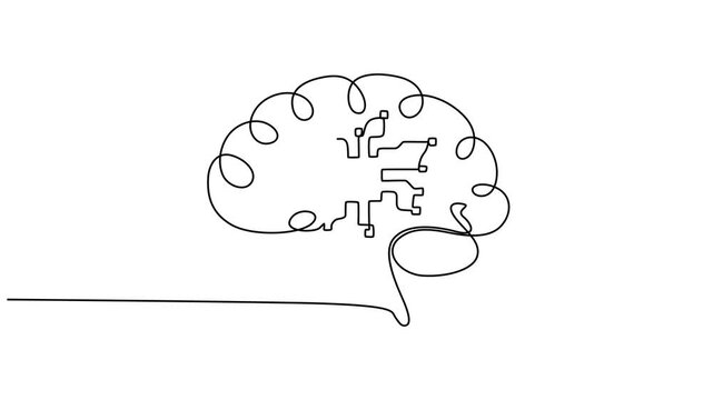 Artifical intelligence of a brain for bussiness animation continuous one line drawing, Robot brain artificial intelligence technology continuous line art drawing animated video, Future technology pro.