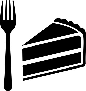 Minimalist cake slice icon with dessert fork, black and white bakery vector illustration, simple layered cake piece silhouette for cafe menu