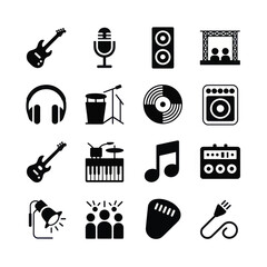 Fototapeta premium Set of 16 Black Music and Concert Equipment Vector Icons