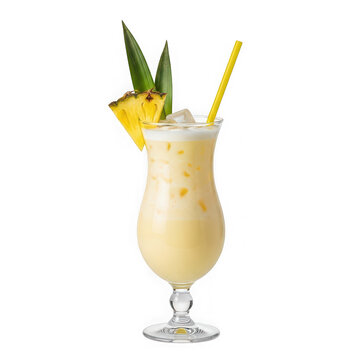 A creamy pina colada cocktail with pineapple wedge and straw