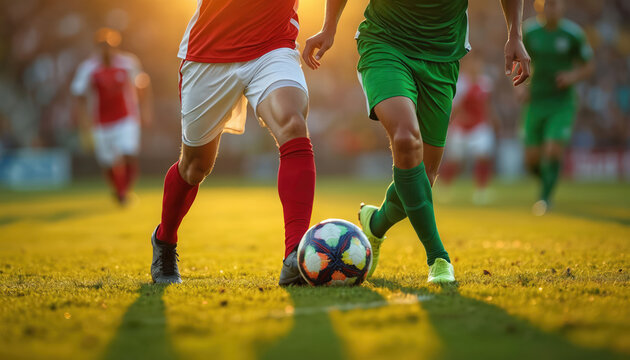 Two soccer players compete for ball control on a grassy field. Athletes wear red and green uniforms, legs in motion during sunset. Stadium lights glow warmly on the pitch.