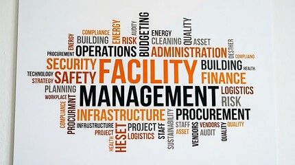 Fototapeta premium Modern Facility Management Word Cloud with Operations, Safety, and Administration Concepts in Warm Color Palette
