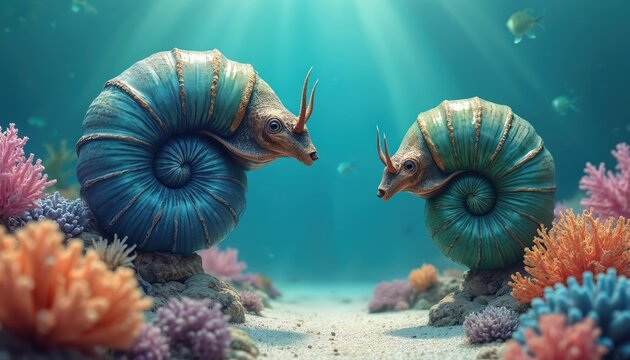 Two ammonites rest on seafloor near coral. Ancient marine life swim in clear blue ocean water with sun rays filtering down. Underwater extinct creatures habitat.