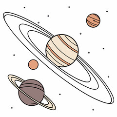 A whimsical illustration depicts several planets including a saturn like planet with prominent rings amidst a speckled cosmic backdrop high quality professional © MST SABLRON