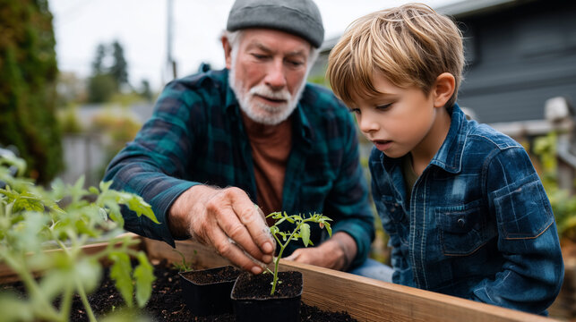 Elderly grandfather showing young grandson how to plant tomato seedlings in raised garden beds, overcast soft light, modest suburban yard