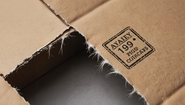 Cardboard Box with Stamped Label Close-up of torn reading AYALEY 199 PIGEON COIRCATS open dark