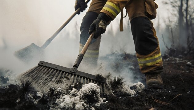 Firefighter using a broom to extinguish a forest fire protective gear uses with smoke and ash