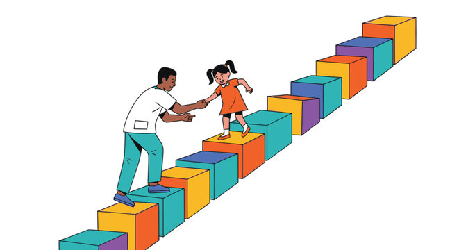 Adult helping a child climb colorful stairs made of blocks, symbolizing growth, education, and support